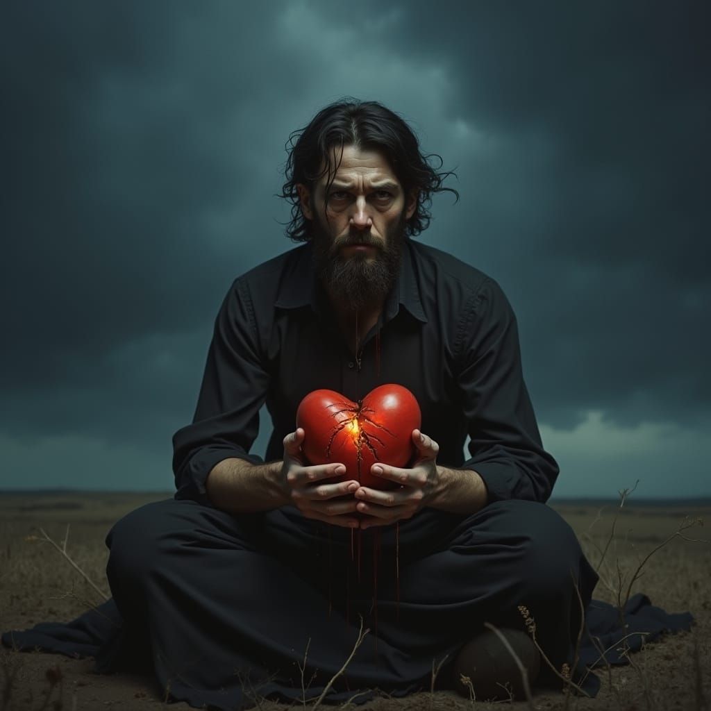 Man Crying Over Broken Heart on Desolate Plain