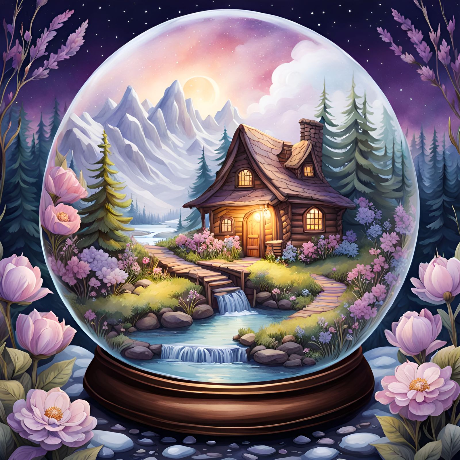 Idyllic Cabin in Snowglobe: Watercolor Dreamscape