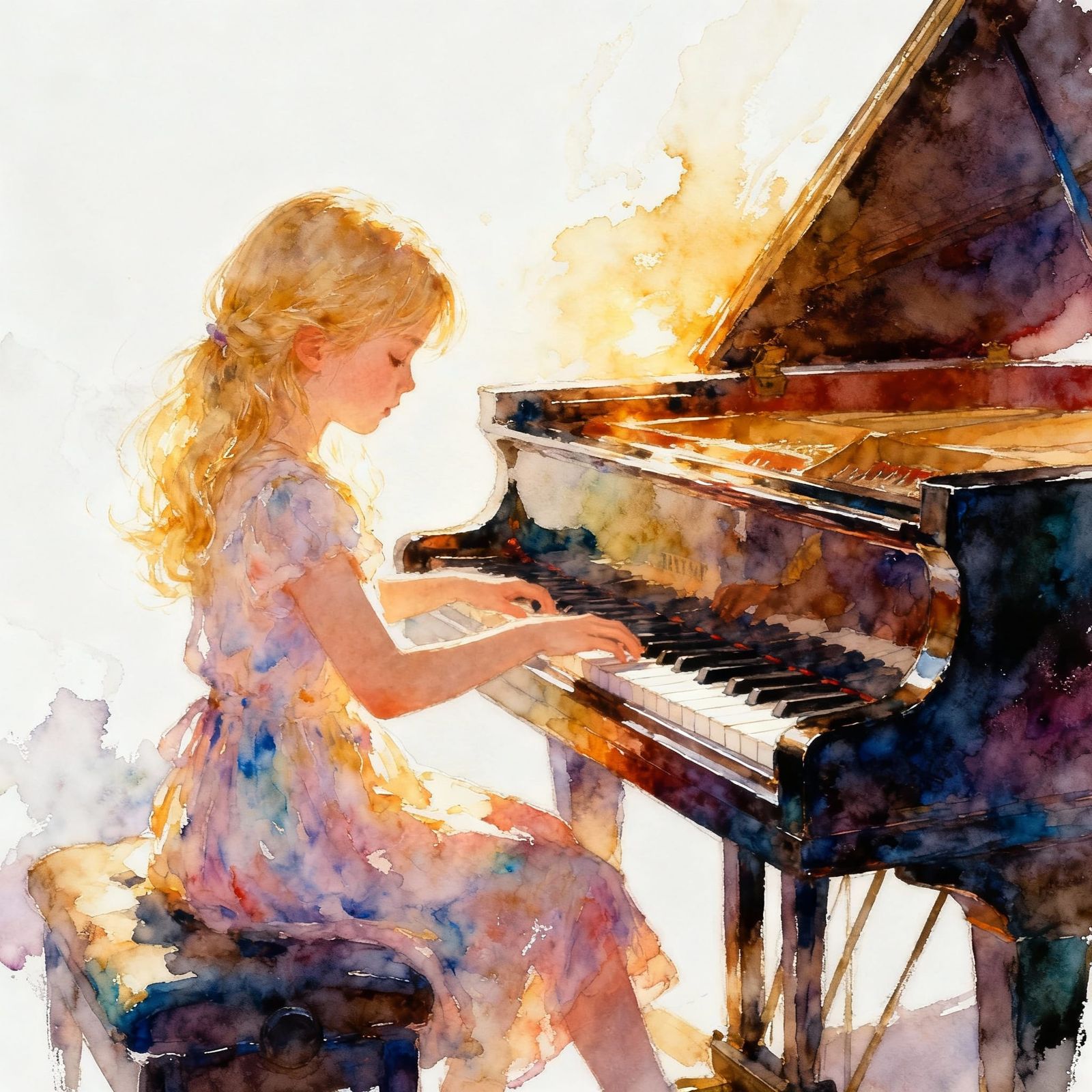 Blond Girl Plays Piano in Luminous Watercolor Style