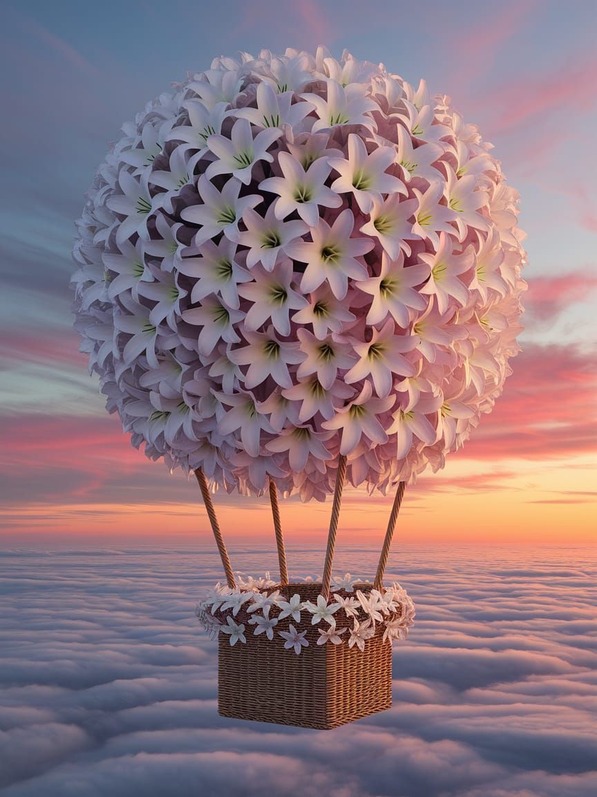 Vibrant Hot Air Balloon Made of White Lilies soars Above Clo...