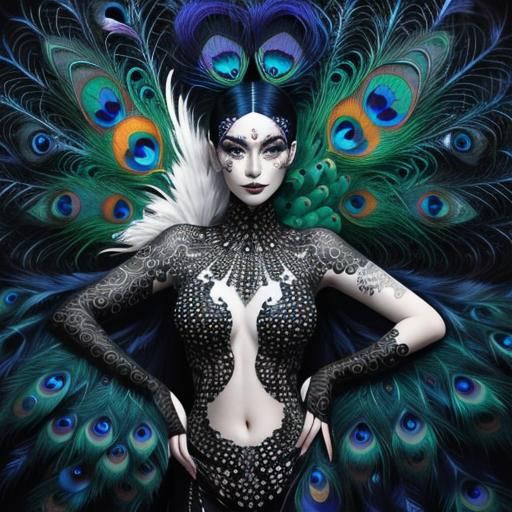 Abstract Woman with Peacock Feathers Portrait