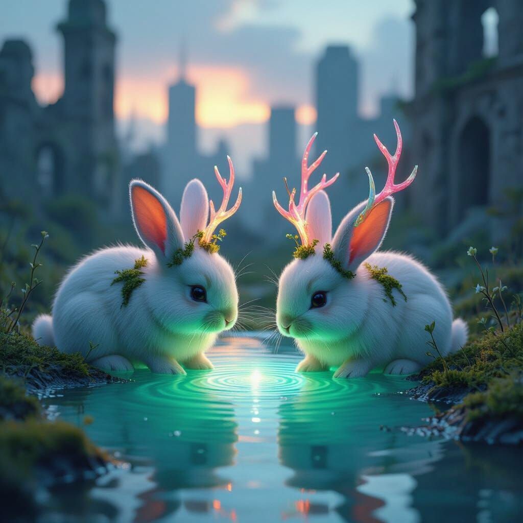 Rabbits with Coral Antlers in Flooded City