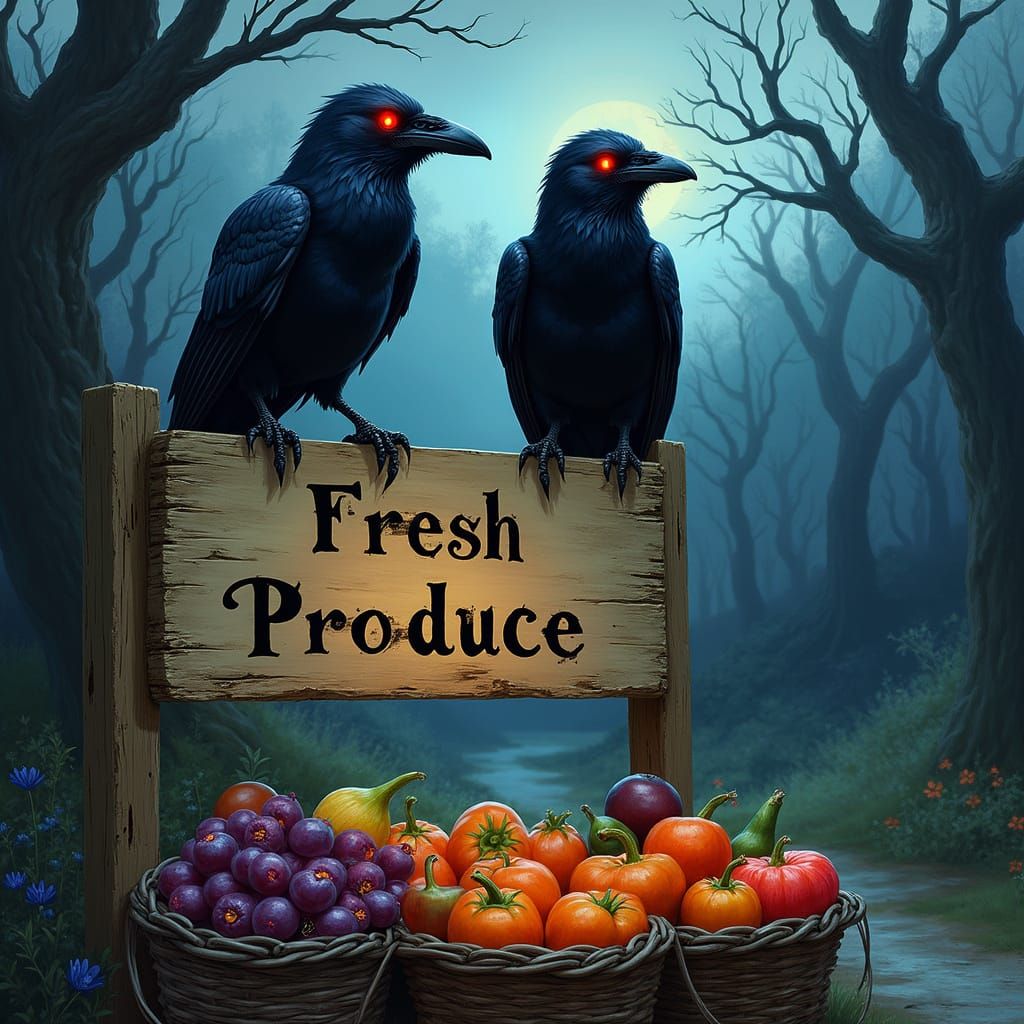 Ravens Guarding Bioluminescent Produce at Twilight