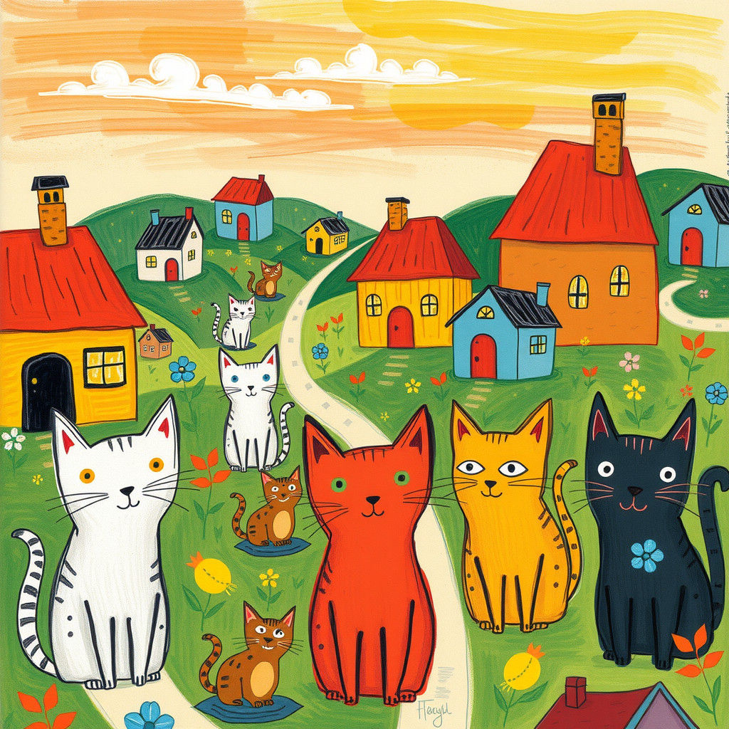 Whimsical Pastel Cats in Dreamy Village Scene