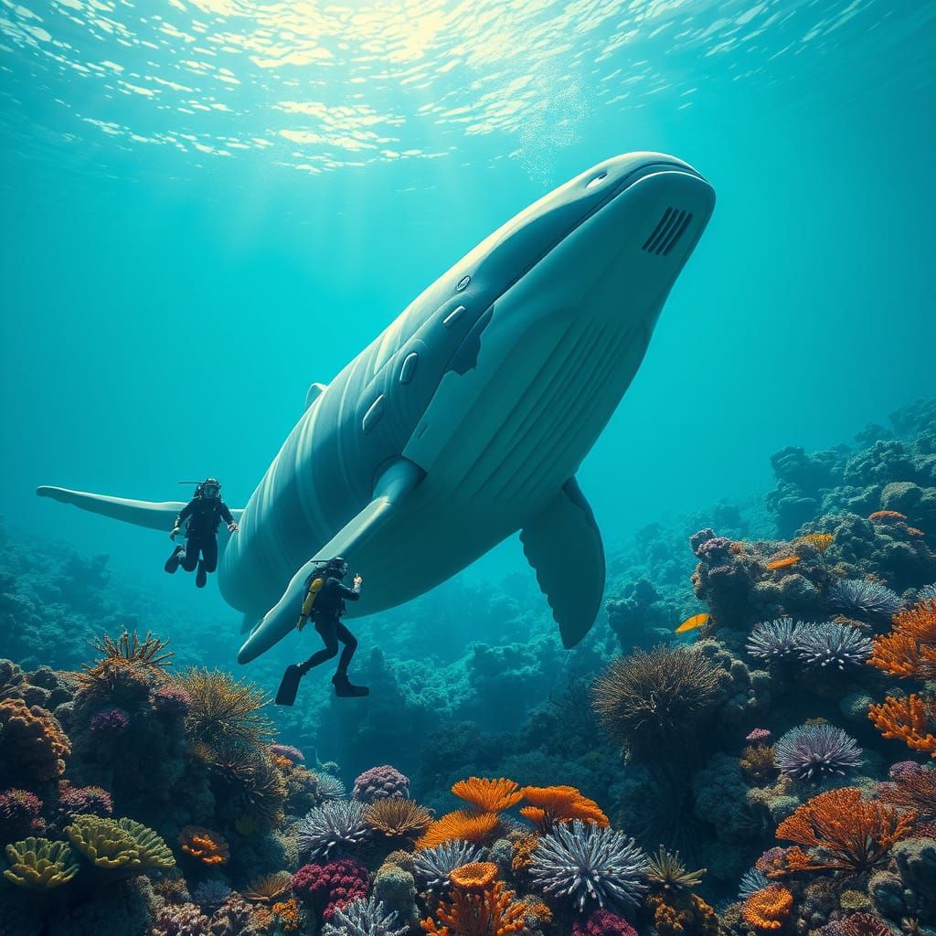 Whale and Divers in Bioluminescent Suits