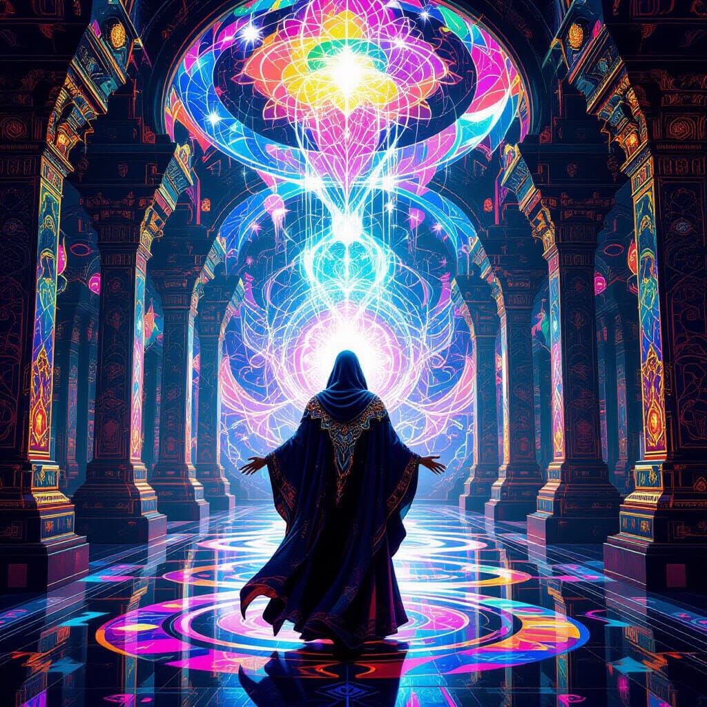 Mystical Figure in Kaleidoscopic Temple in Psychedelic Style