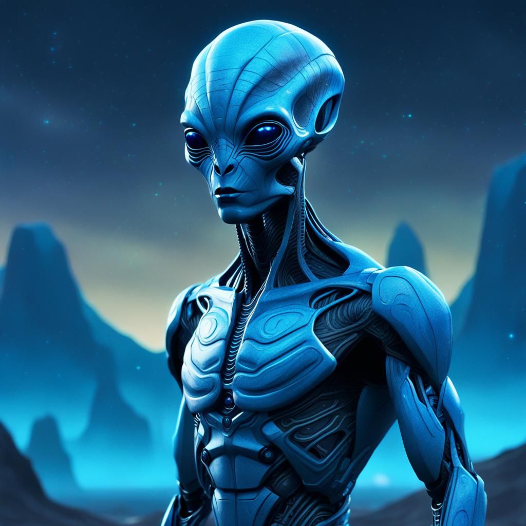 Humanoid Alien in Bioluminescent, Futuristic Landscape