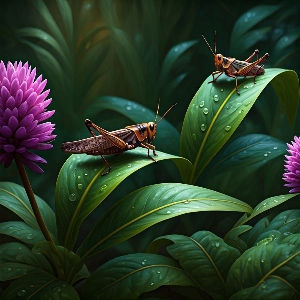 Emerald Grasshoppers in Mystic Forest Glade