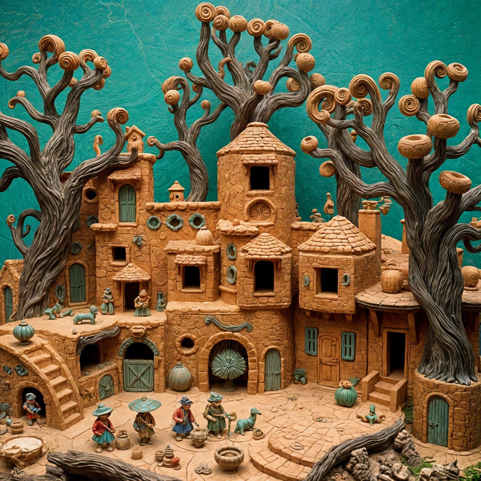 Timeless Clay Village with Mythical Creatures