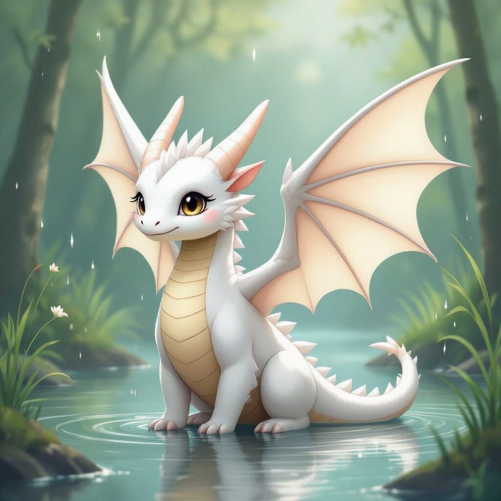 Cute White Dragon with Large Wings in Pastel Shades