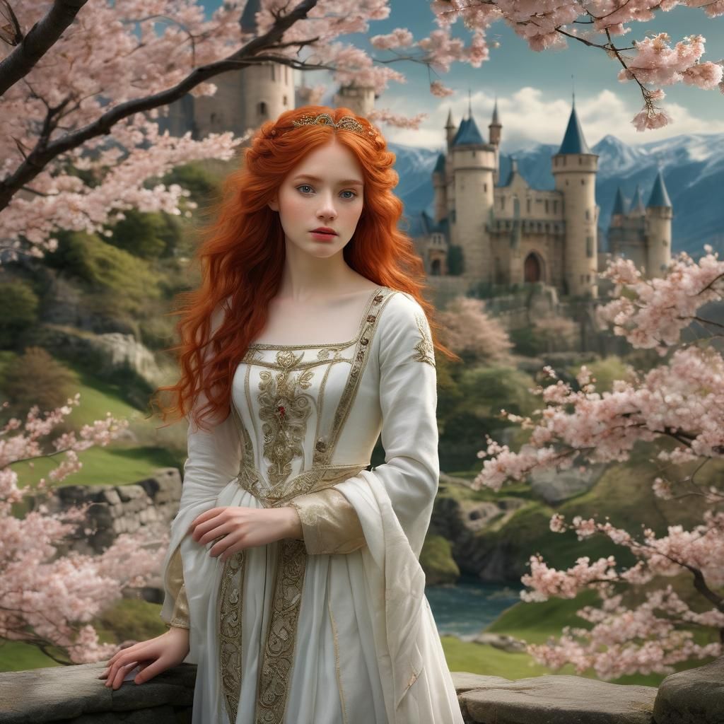 Medieval Redhead Princess with Castle in Pre-Raphaelite Styl...