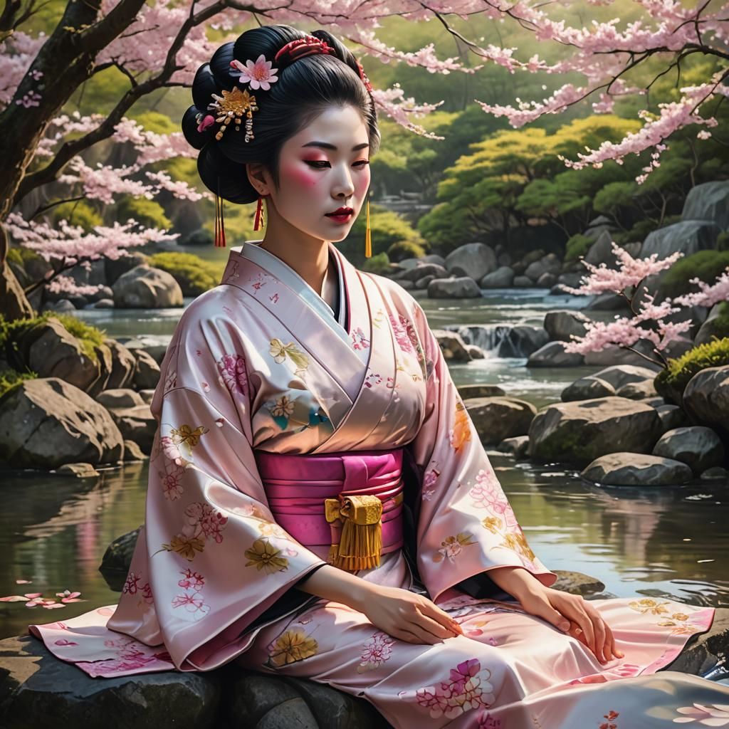 Serenely Glowing Geisha in Okinawa's Blossoming Garden