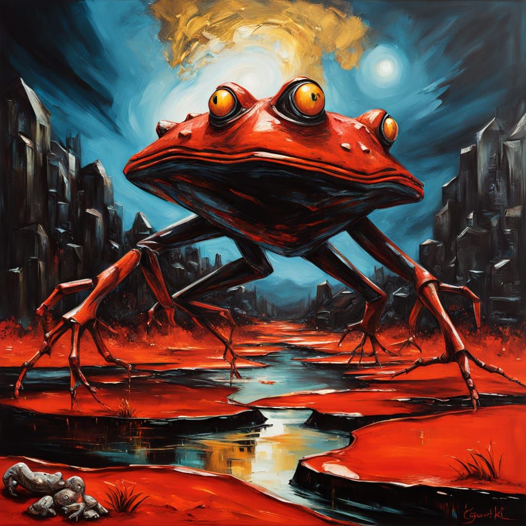 Surreal Alien Landscape with Cyborg Frog in Oil Paint