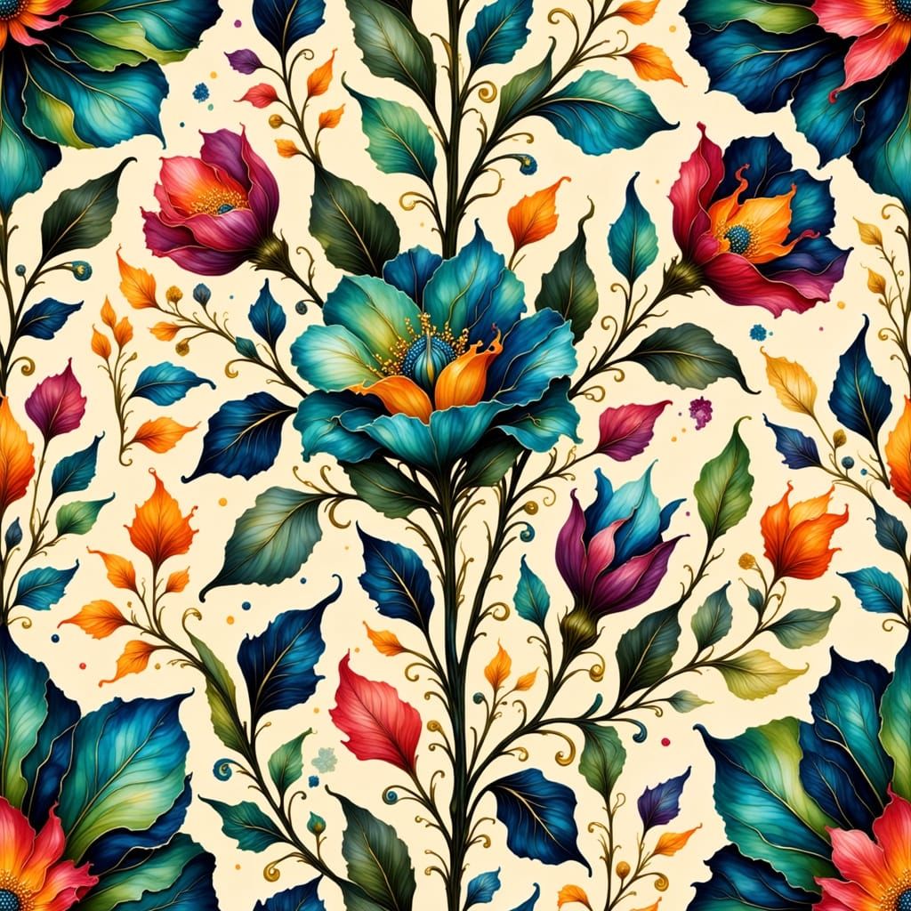 Vibrant Folk Art Floral Composition in Bold Colors