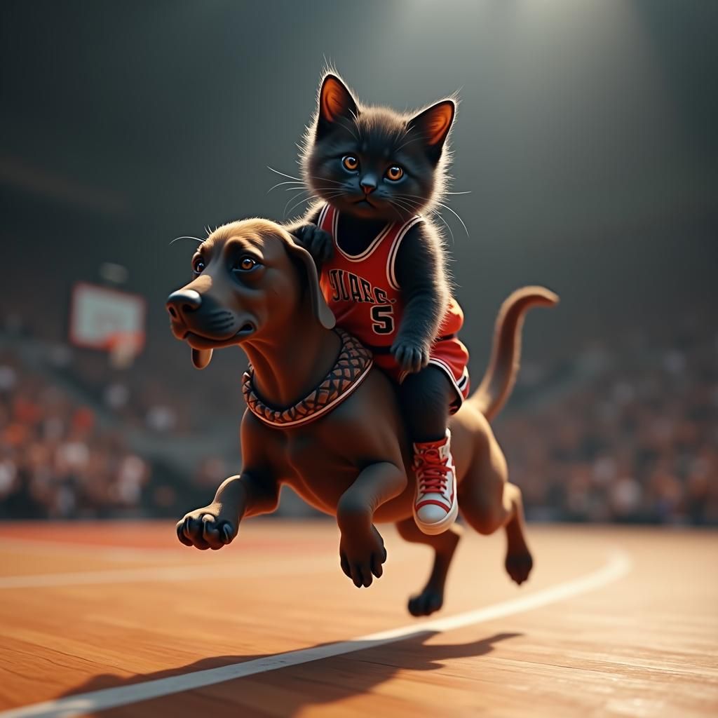 Kitten and Coonhound Slam Dunk, Photorealistic 3D Render