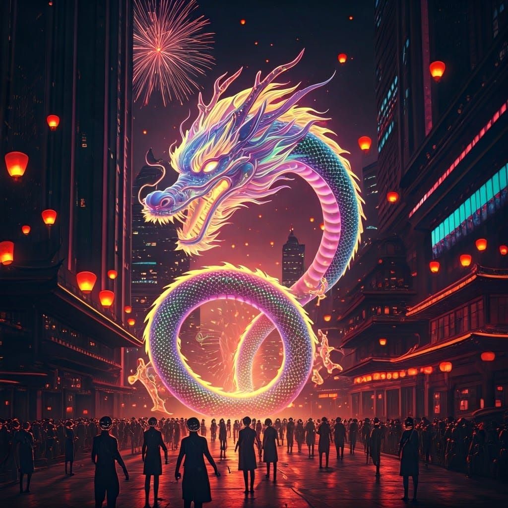 Neon Punk Serpentine Dragon Dances Through Futuristic Metrop...