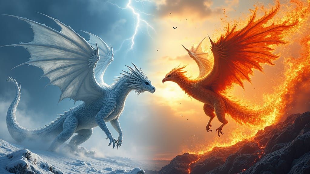 Epic Frost Dragon vs Fire Phoenix Showdown in Cyberpunk Digi...