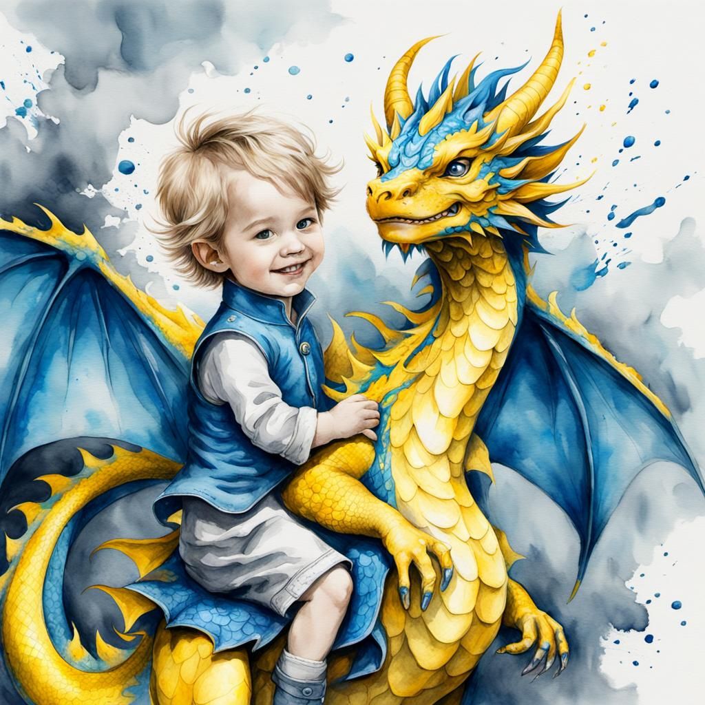 Child on Blue Dragon: Watercolor Storybook Illustration