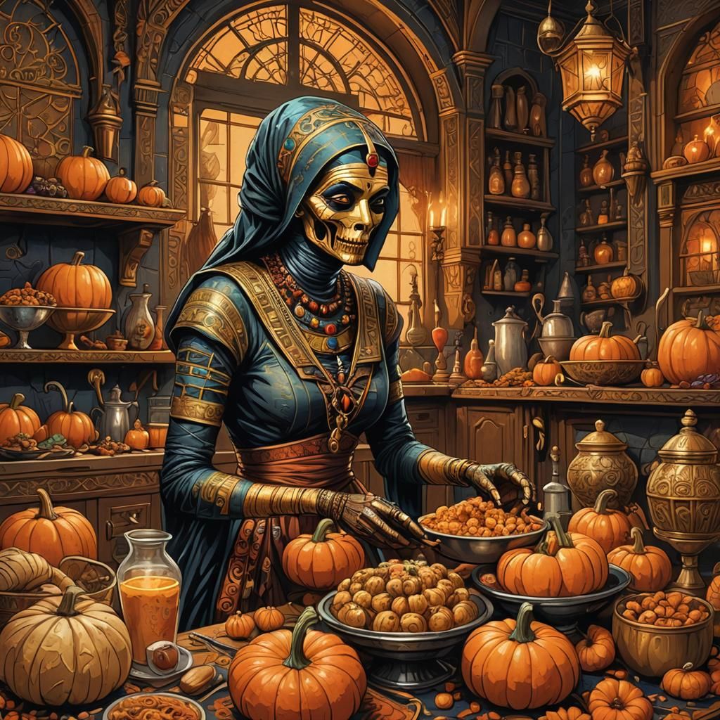Whimsical Mummy Cooks Halloween Feast in Gothic Kitchen