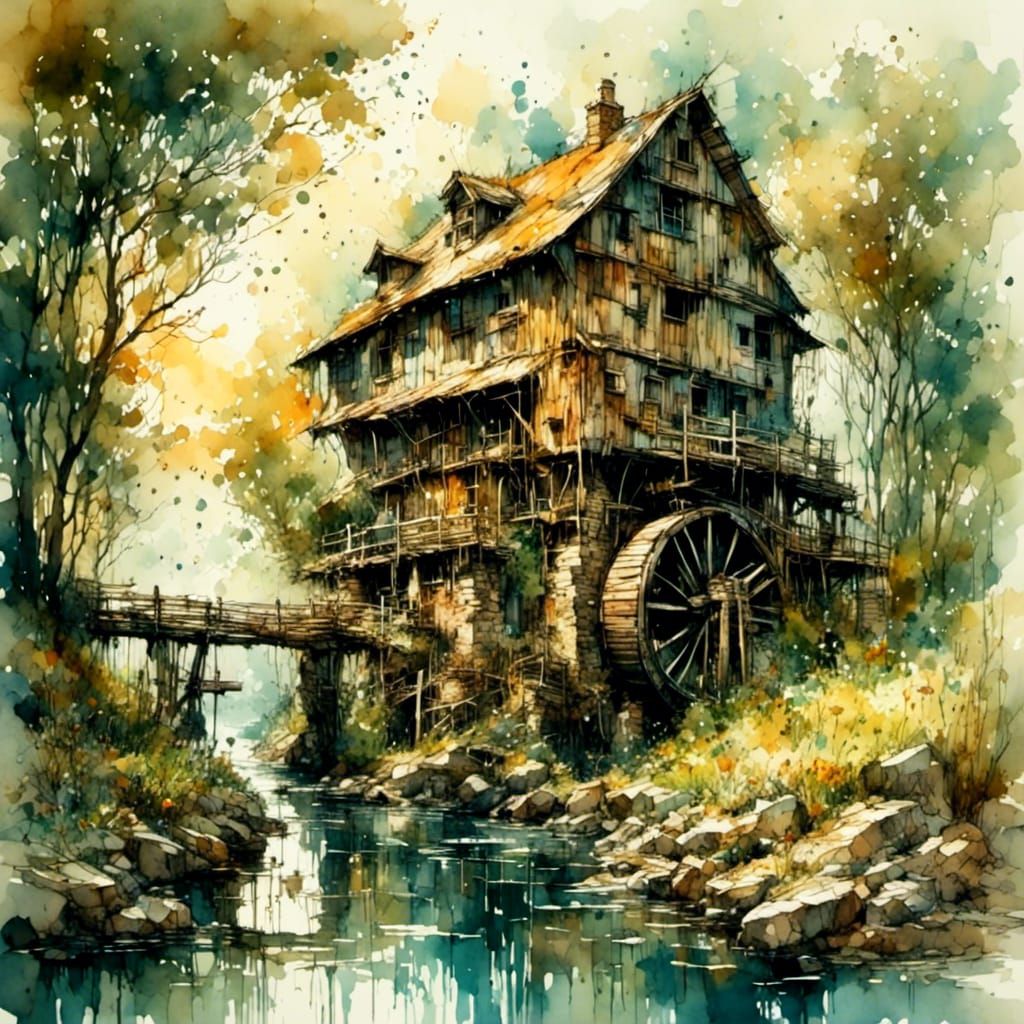 Historic Watermill in Evening Light as Impasto Painting