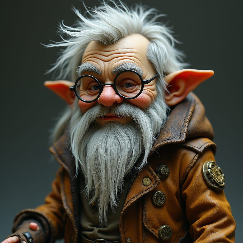 Gnarled Gnome in Earth-Toned Leather Coat with Brass Buttons