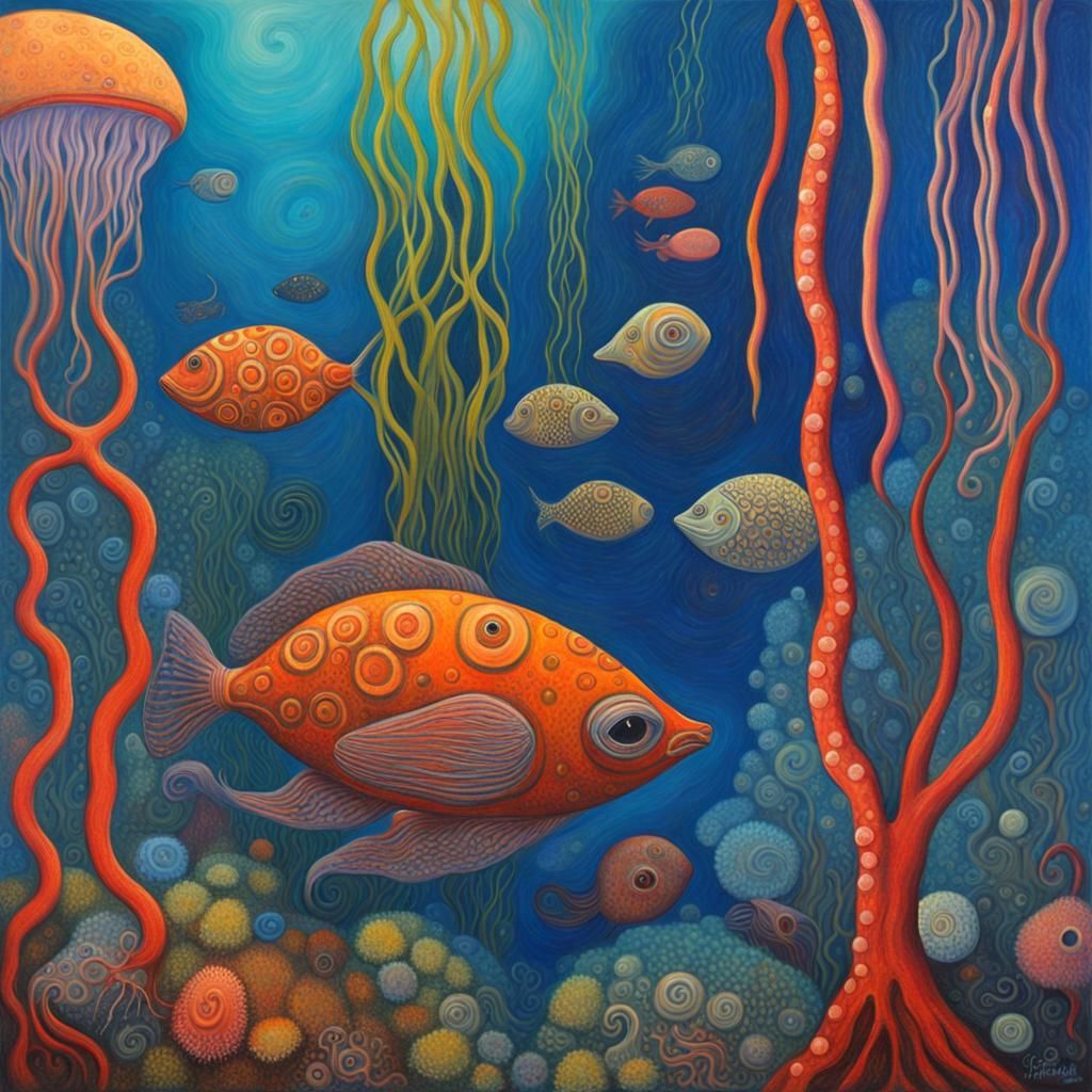 Underwater Paradise: Hundertwasser-Inspired Oil Painting