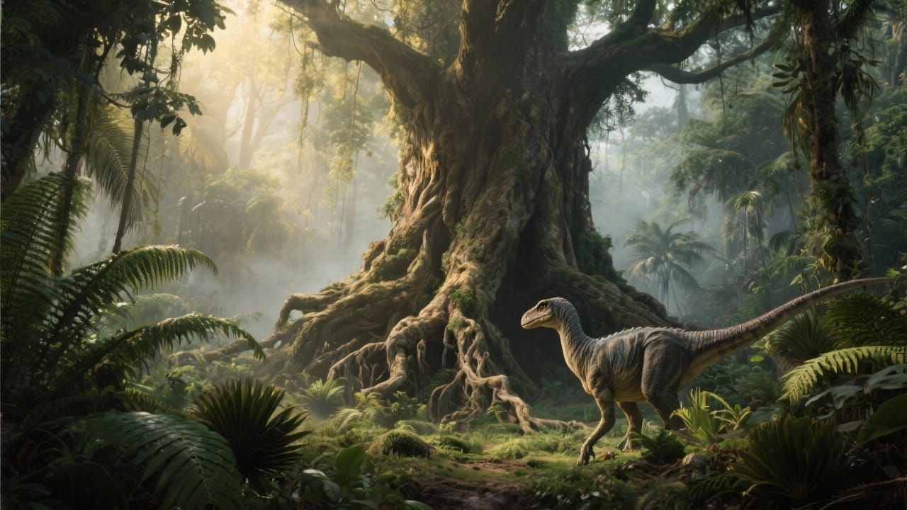 Ancient Jungle Tree with Dinosaurs, Hyperrealistic Style