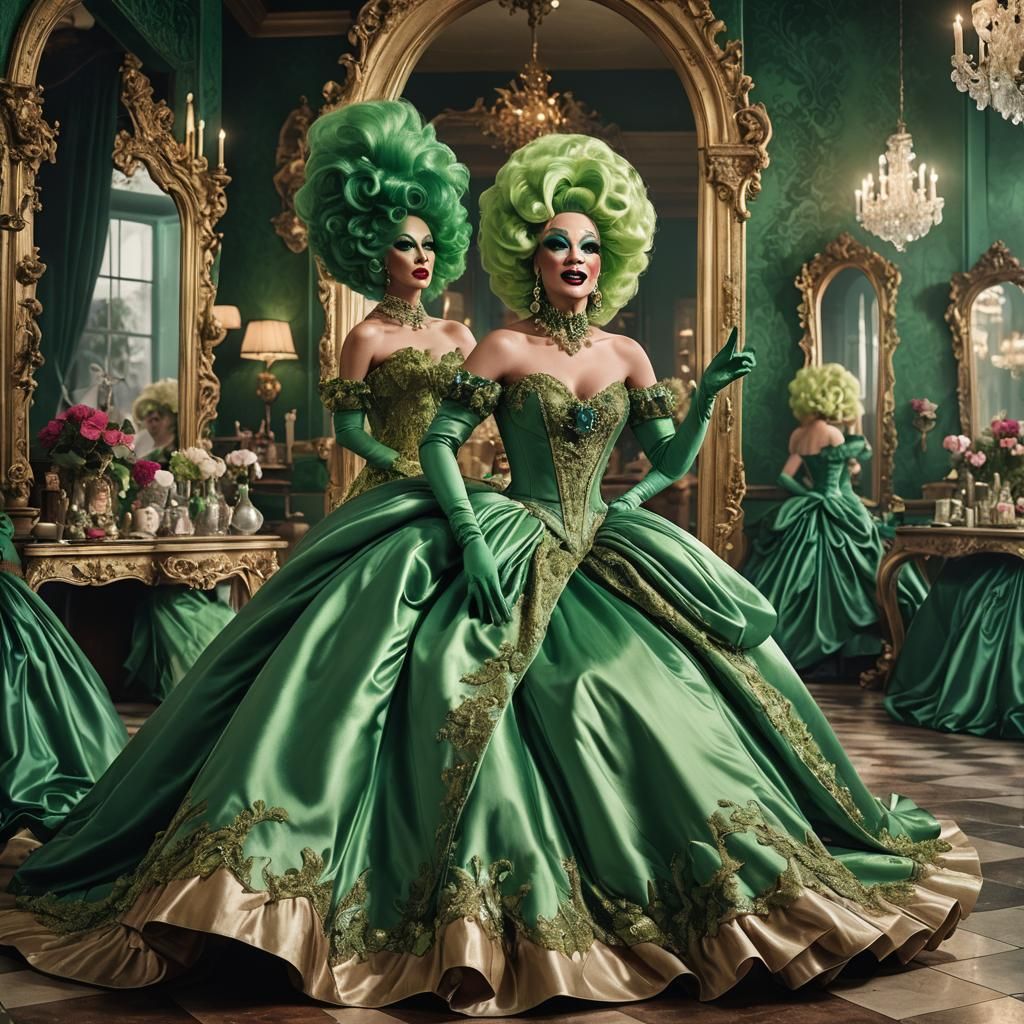 Extravagant Drag Queen in Green Satin Gown