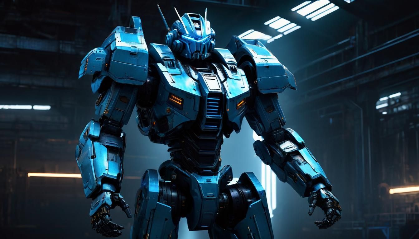 Mecha Robot Powers Up in Dark Hangar: Digital Art