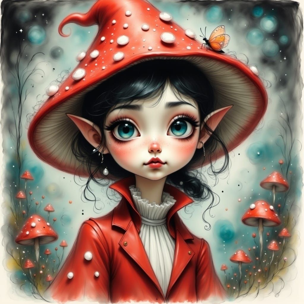 Enchanting Elf Maiden in Mushroom Hat, Art Nouveau Style