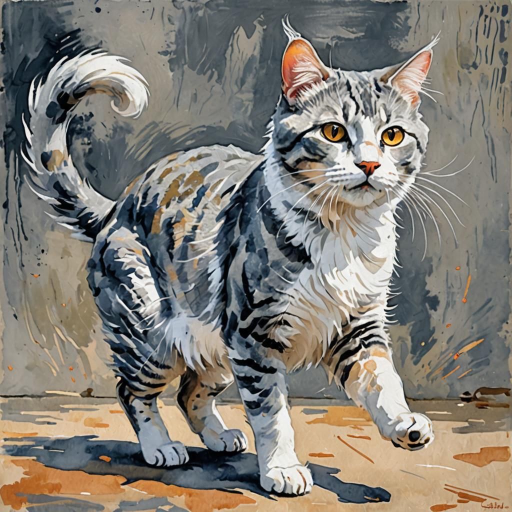 Grey and White Cat in Gouache Style