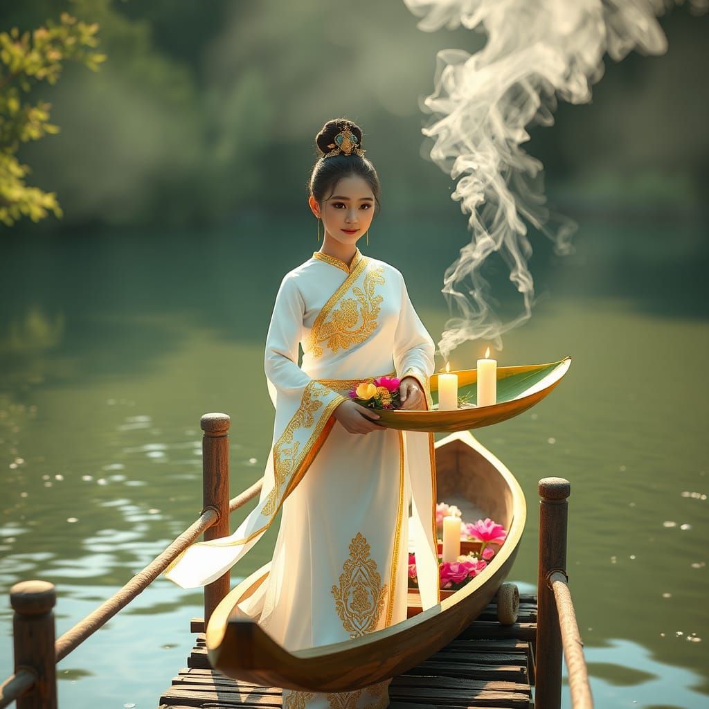 Woman in Thai Dress with Krathong, Digital Painting