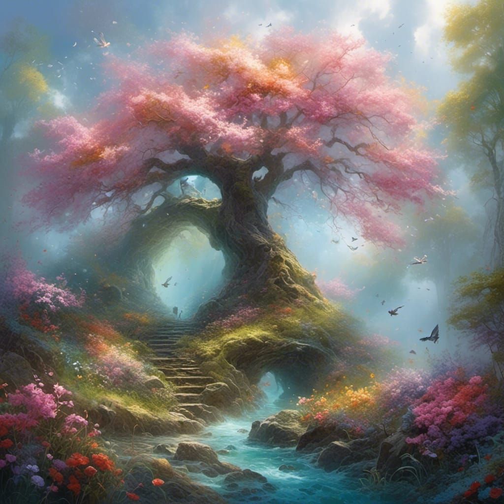 Excavator in Forest with Heart Cloud, Ethereal Fantasy