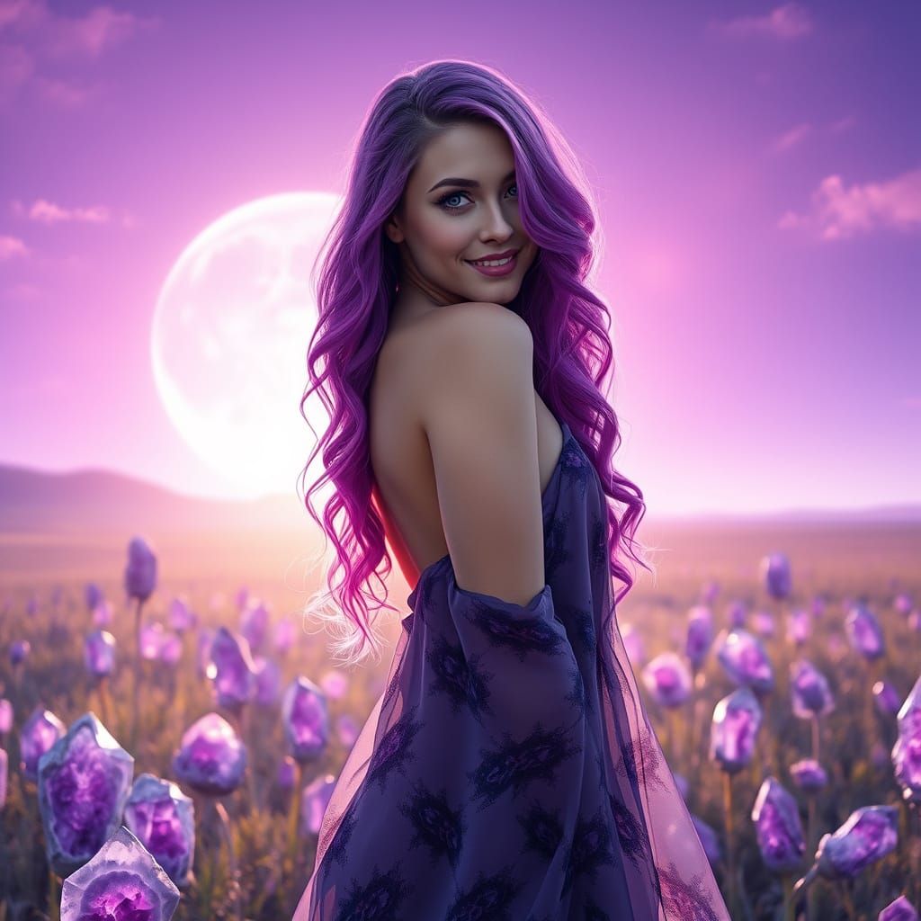 Ethereal Maiden Under Purple Moonrise in a Geode Meadow