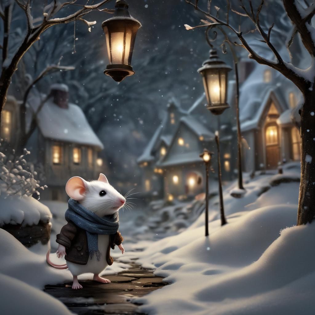 Whimsical Winter Mouse in Snowy Wonderland at Night