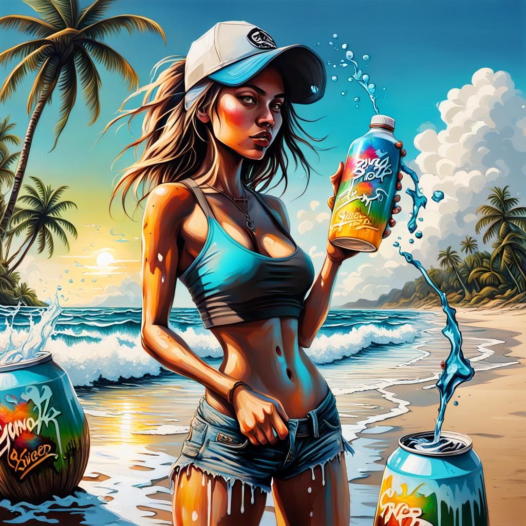 Sunrise Beach Scene in Graffiti Splash Art
