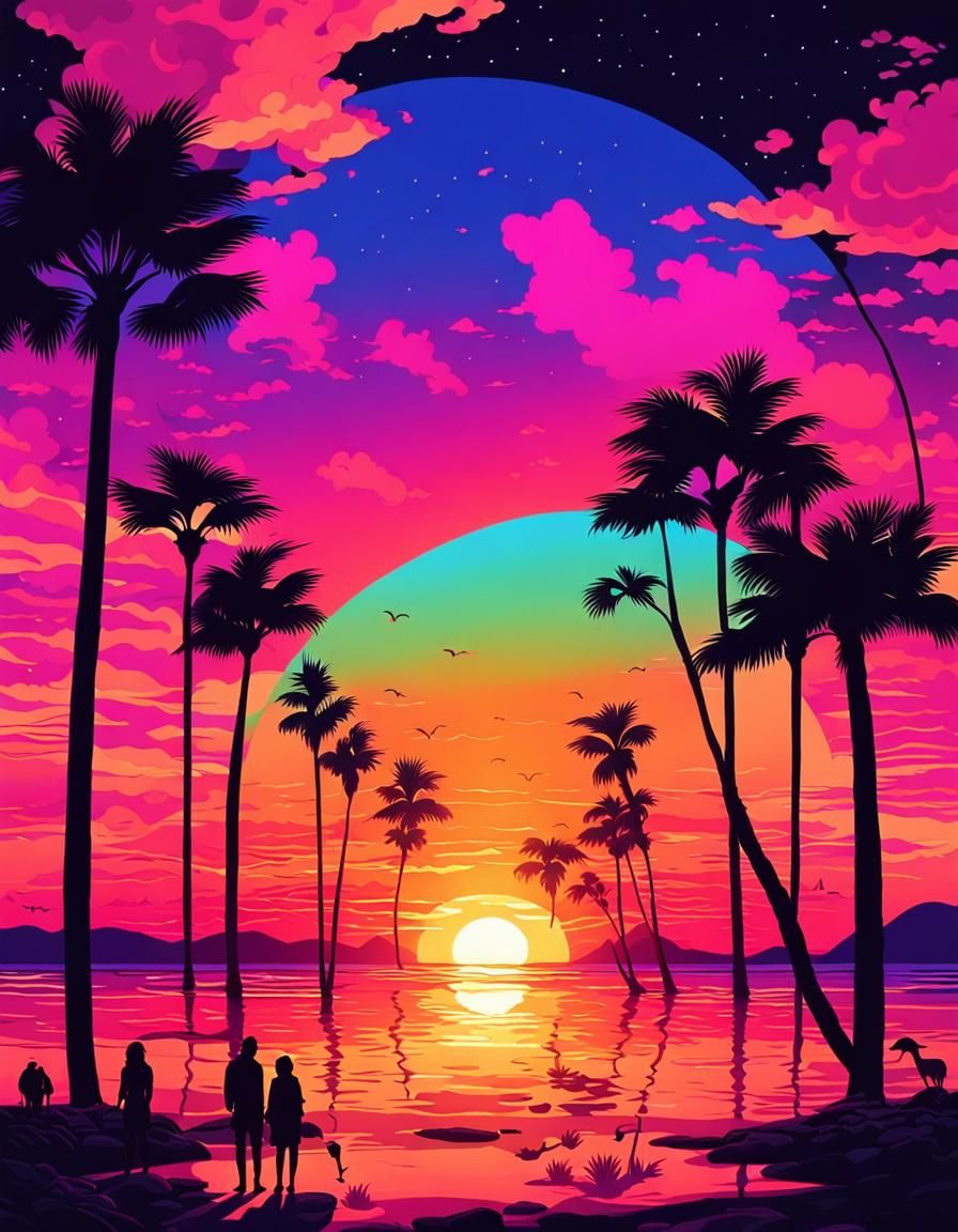Psychedelic Beach Oasis Sunset Poster Design