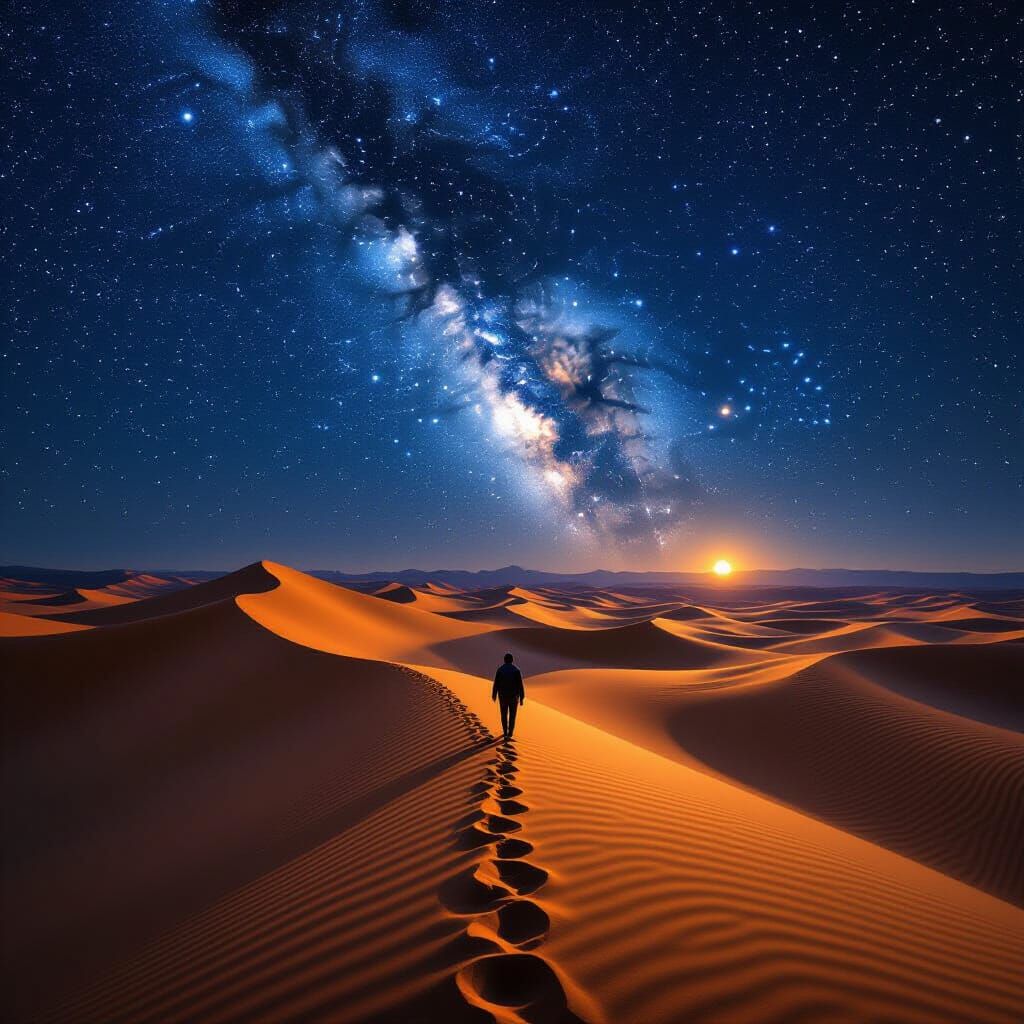 Lone Traveler in Vast Desert Under Starry Night