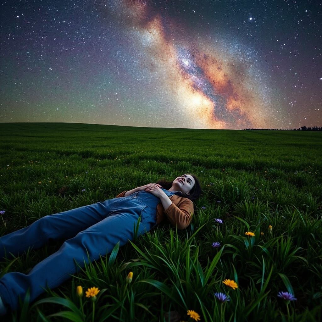 a person in coveralls lying on the night stars meadow field