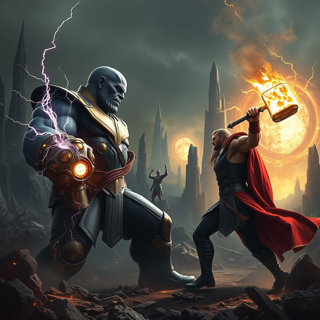Epic Battle: Thanos vs Thor in Mystical Realm