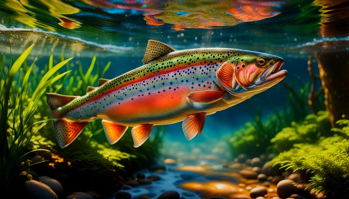 Rainbow Trout in Forest Stream: Hyperrealistic Fantasy Art