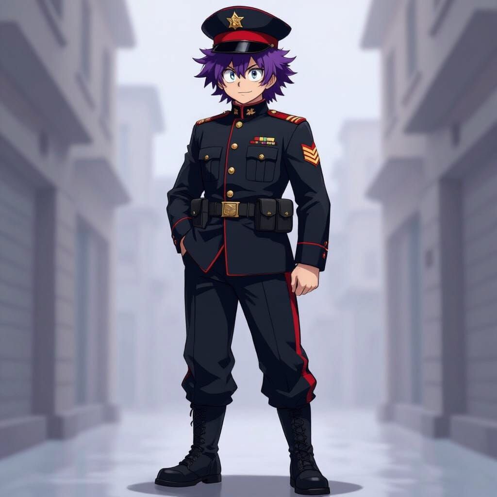 Hero in Black Uniform with Purple Hair in Anime Style