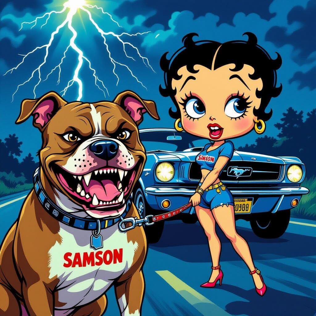 Pit Bull Dog and Betty Boop with Mustang Under Lightning