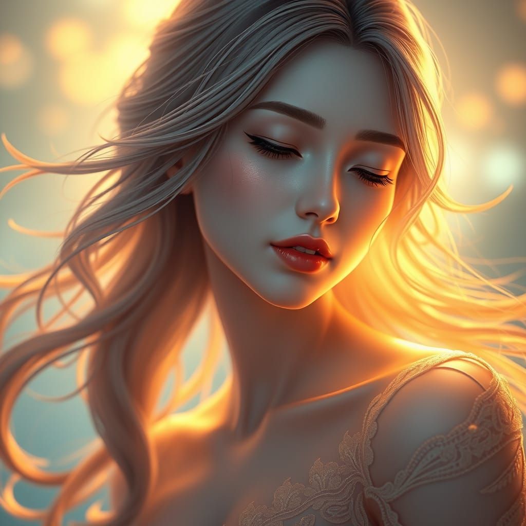 Ethereal Woman Basking in Golden Light: 3D Art