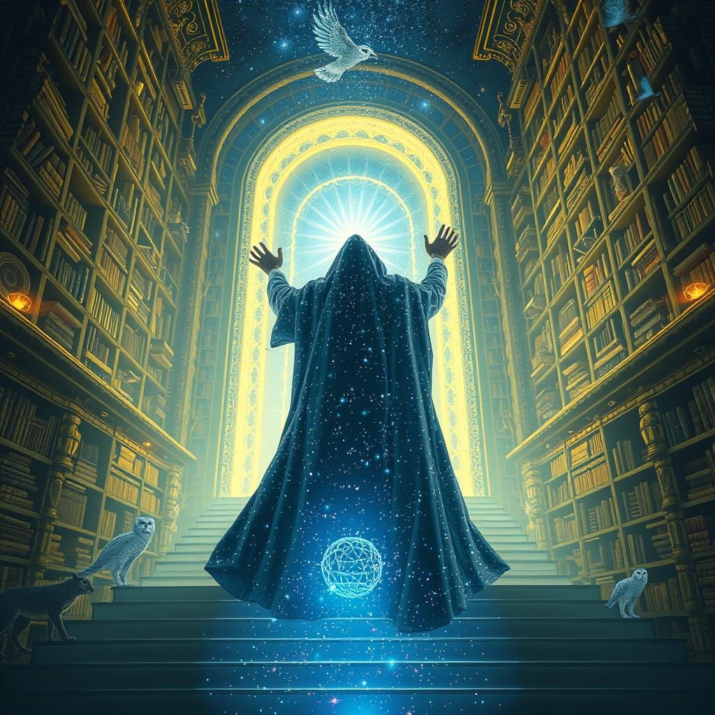 Soul Ascends Celestial Portal Amidst Glowing Akashic Records