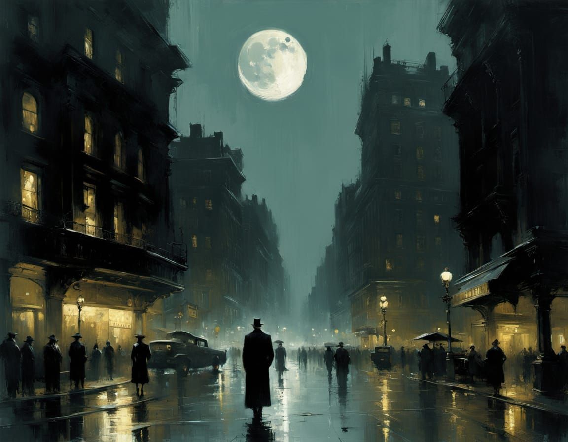Noir Detective in Gothic City Under Moonlight