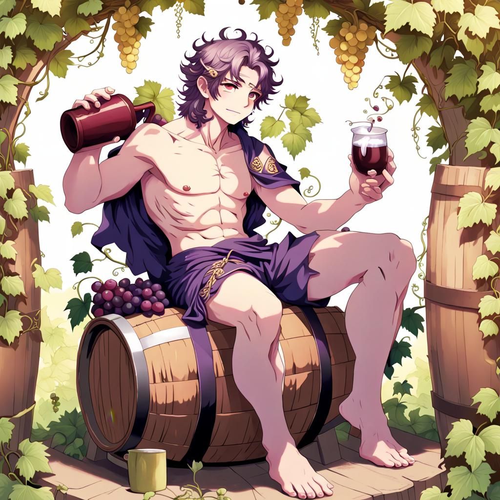 Dionysus Surrounded by Vines in Anime Style