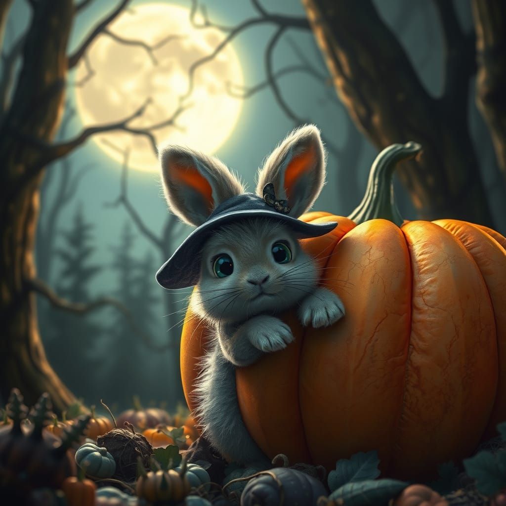 Fluffy Rabbit in Witch Hat Behind Glowing Pumpkin