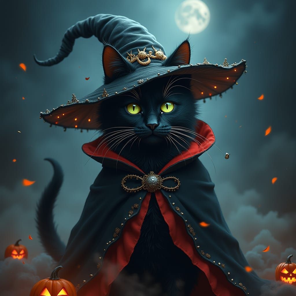 Mystical Black Cat as Witch in Ethereal Mist
