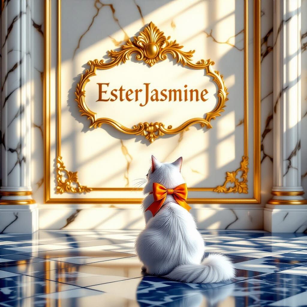 Elegant White Cat on Royal Blue Floor in Palace Interior